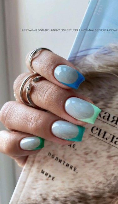 45 French manicure with color tips : Shades of blue and green Tips Nails