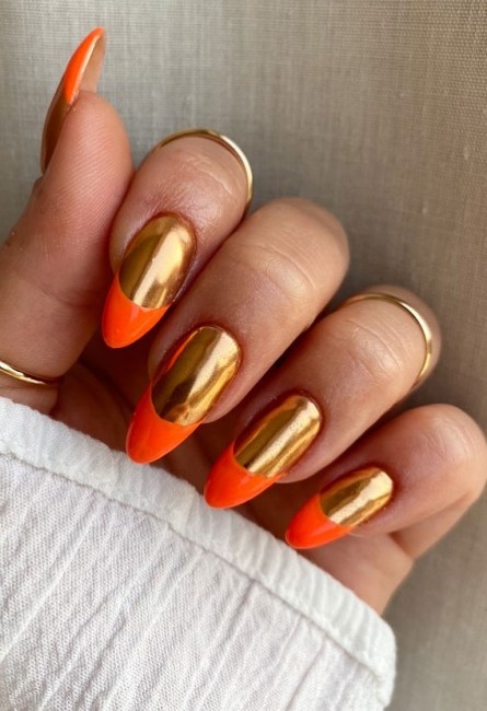 45 French manicure with color tips : Gold Nails with Orange Tips