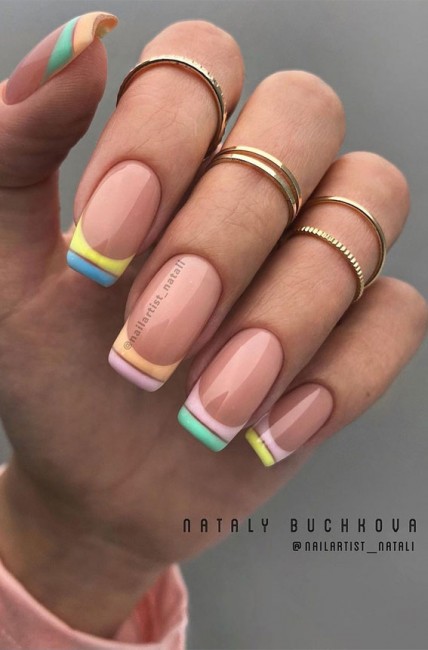 45 French manicure with color tips : Different Color Layered Tip Nails