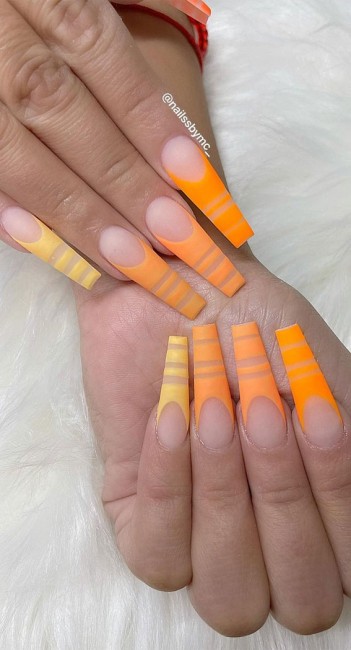 ombre orange and yellow color nails tips, french manicure with color line, french manicure with design, french manicure colors, french manicure with color tips, french manicure with a twist, french manicure 2021, french tip nails designs, coloured tip acrylic nails, colored tipsnails, different color nails on each hand different color nails trend, colored french tips, color tip nails coffin, multi colored nails trend 2021