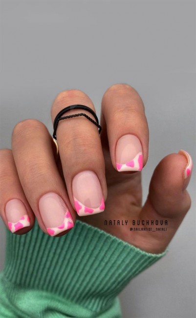 45 French manicure with color tips : Pink Cow Print French Tips