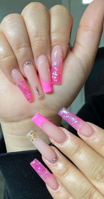 45 French Manicure With Color Tips Glittery Pink Tips Coffin Nails