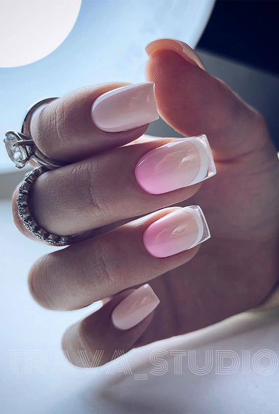 ombre pink nails, pink ombre nails , french tips, summer nails short, layered white tip nails, spring nail art designs, ombre french tips, ombre pink with white and clear tips nails