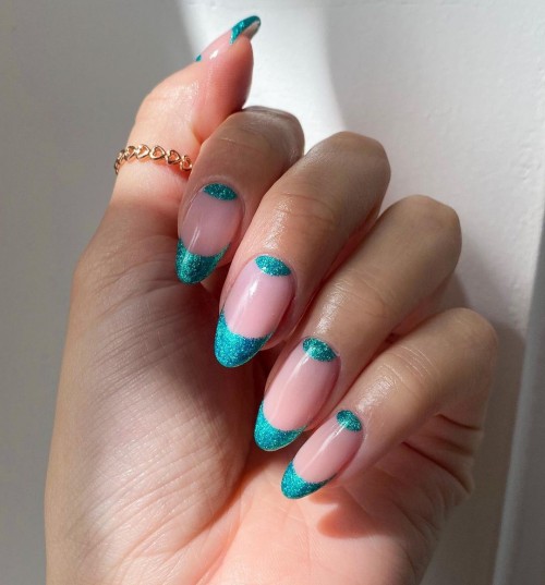 Glitter Teal Half Moon & Tip Nails