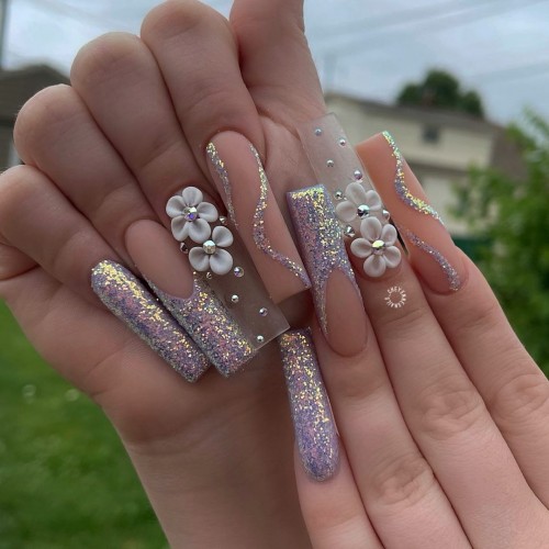 Glitter Coffin Nail Art with Flower Details