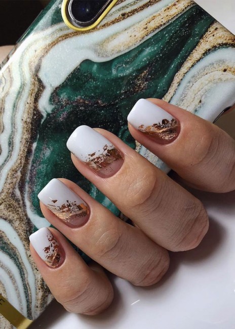 Half Nude Half White Nails with Gold Flake Accent Nails