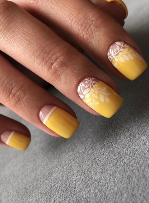 Yellow Nail Polish with White Leaf Accent Nails