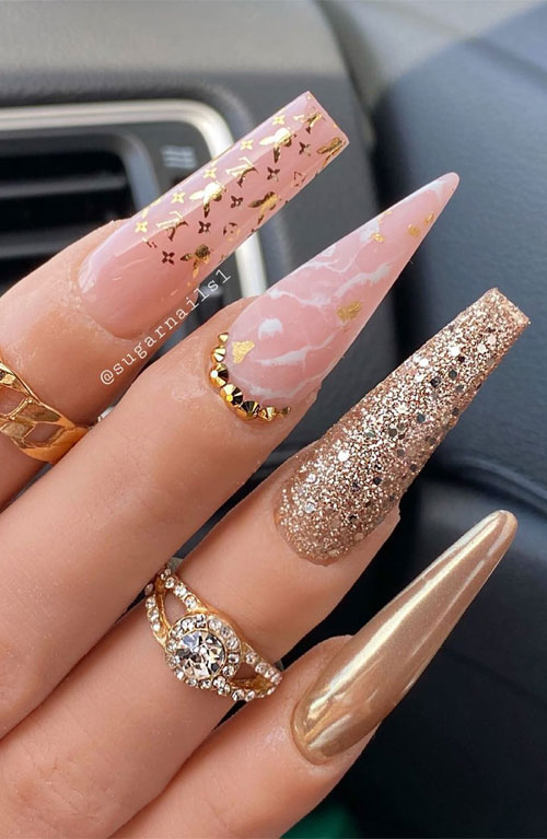 coffin glitter nails with 3d flower, glitz and glam nails, glam and glits nails, glitz and glam nail art designs, glam coffin nails, glam long coffin nails, acrylic nail art designs, glitz and glam glitter, acrylic nails coffin shape