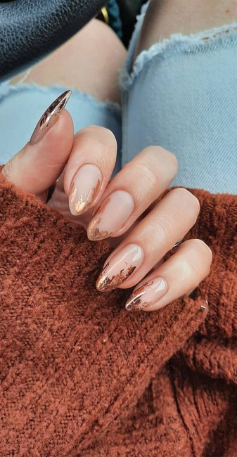 Nude Nails with Gold Foil Details