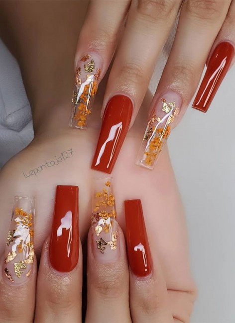 Brown Nails & Transparent Leaves Nail Art Design