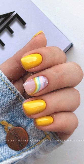 Rainbow and Yellow Nail Art Design