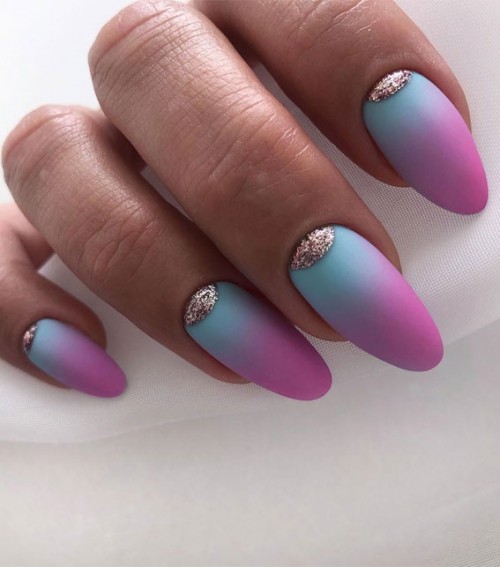 Ombre Blue and Pink Oval Shaped Nails