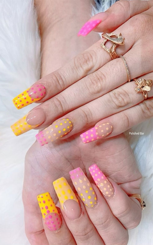 Ombre pink and yellow polka dot coffin nails