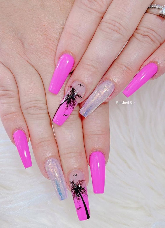 tropical vibe nails, pink tropical vibe nails, tropical vibe nails, pink coffin nails , pink coffin nail art designs, beach vibe nails, hot pink nails, hot pink nails coffin