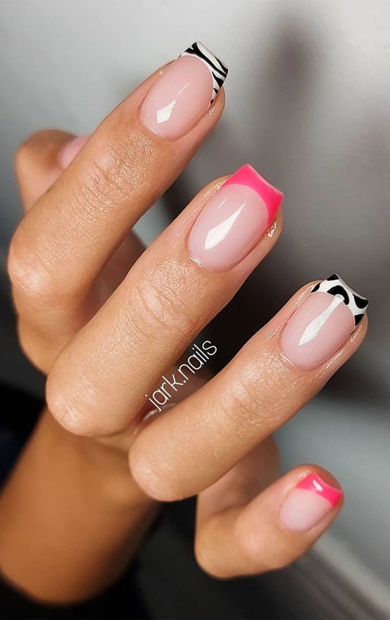 Mismatched Animal Print French Tip Nails