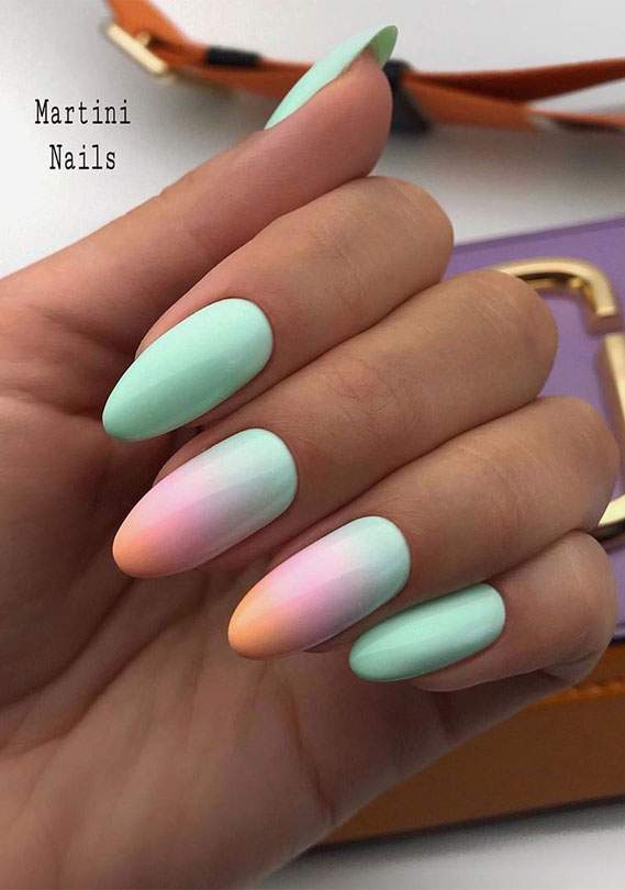 Peach Pink and Mint Ombre Nails