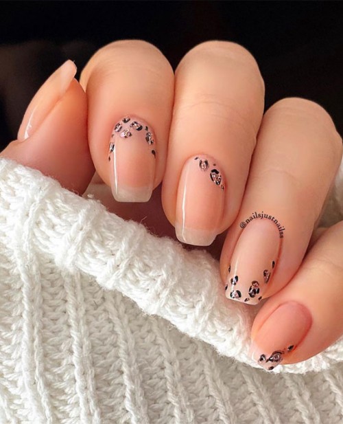 nude nails, leopard print nails, leopard print french nails, leopard print tips, leopard print tips nails, animal nail art designs