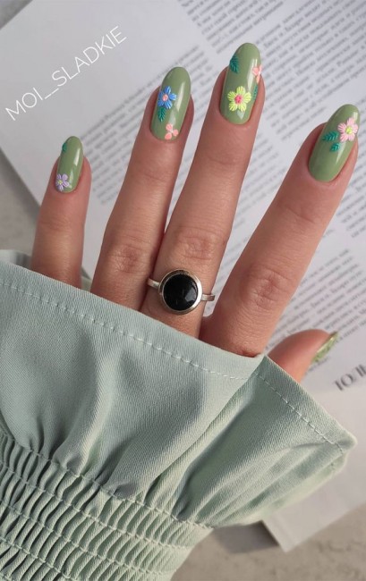 Sage Green Flower Nail Art Designs