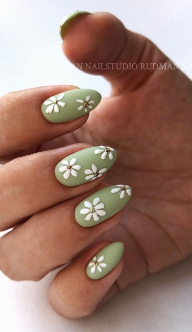 Cute flower sage green nails