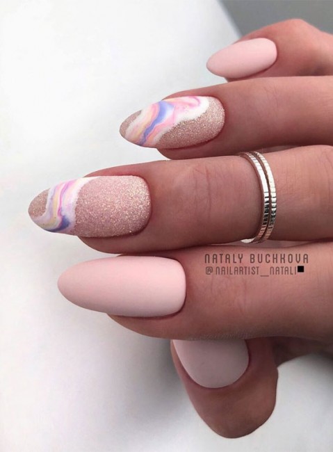 Mismatched nude matte and marble glitter nails