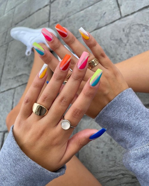 colorful asymmetric nails, colorful summer nails, bright summer nails, different color nails on each hand