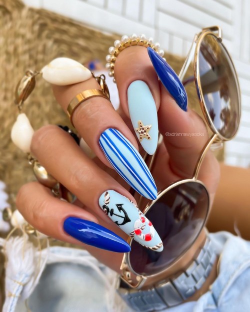 beach themed nails, summer nails, beach themed nail art designs, almond shaped nails