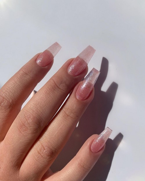 translucent glitter nails, clear pink acrylic nails, clear pink shimmery nails, summer pink nails, glitter pink nails