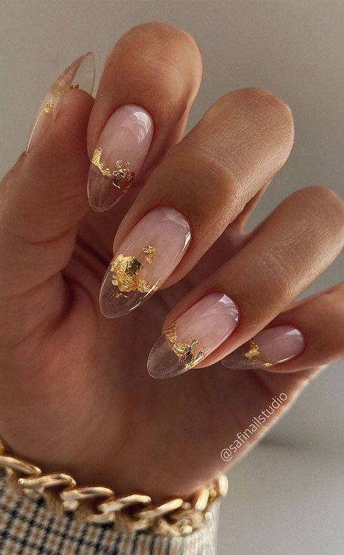 clear nail tips with gold flakes, transparent nails with gold leaf, transparent nails with gold foil, transparent nails design, translucent nude nails, transparent nude nails, transparent gel nails, transparent nails with gold leaf, translucent light pink nails, clear pink gel nails, clear pink natural nails, clear pink nails, transparent pink nails, clear pink nails with gold flakes