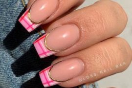 pink plaid tip nails, pink plaid french tip nails, pink plaid nails, pink french tips