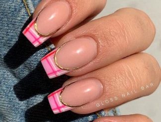 pink plaid tip nails, pink plaid french tip nails, pink plaid nails, pink french tips