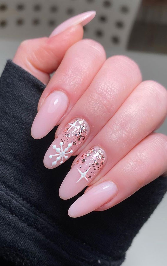 pink nails, winter pink nails, snowflake pink nails, winter nails 2021, snowflake nails 2021, pink winter nail art designs, snowflake pink nails, almond shaped nails