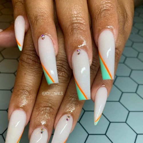 17+ Colored French Tip Nails 2021 : Green Asymmetric Tip Nails