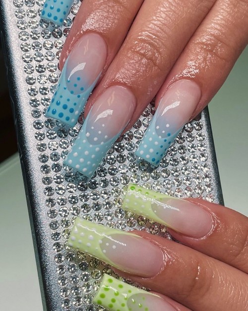 23+ Stylish Ways To Wear A Modern French Manicure 2021 : Blue and Yellow Polka Dot French Tips