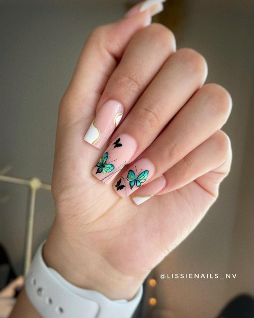 Beige Nude Nails with Black & Green Butterflies