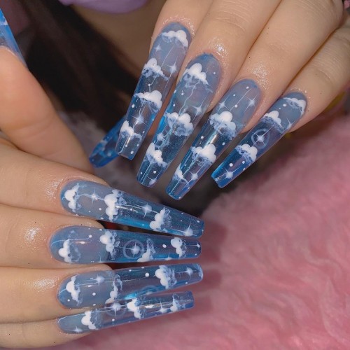 17+ Clear Nails For Any Season : Blue Clear Nails with Cloud Details