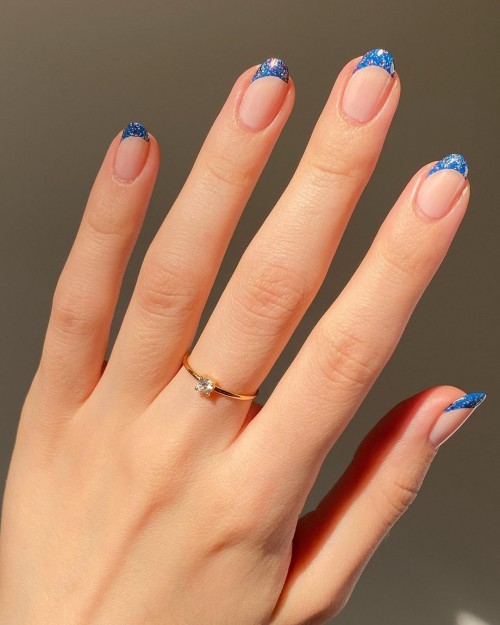 22+ Classy Way To Rock Nude Nails : Glitter Blue French Tip Nails