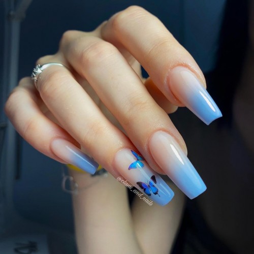 Blue Ombre Nails with butterfly