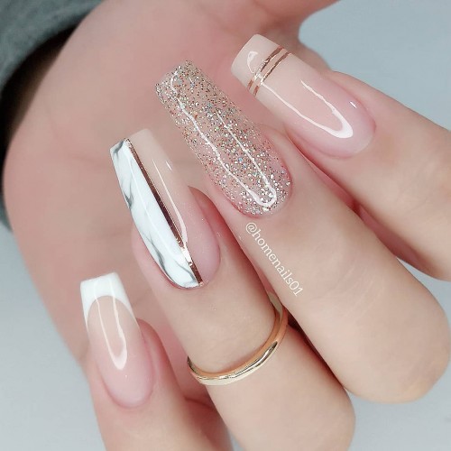 Glitter, French Tip and Marble Wedding Nails