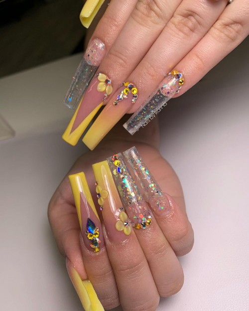 17+ Clear Nails For Any Season : Clear Nails With Yellow Details