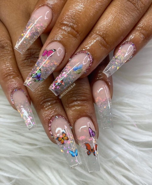 clear acrylic nails, clear nails 2021, white and clear nails, clear nails with butterfly, clear acrylic nails 2021, jelly nails, clear nails with glitter, clear acrylic nails ideas, clear nails designs