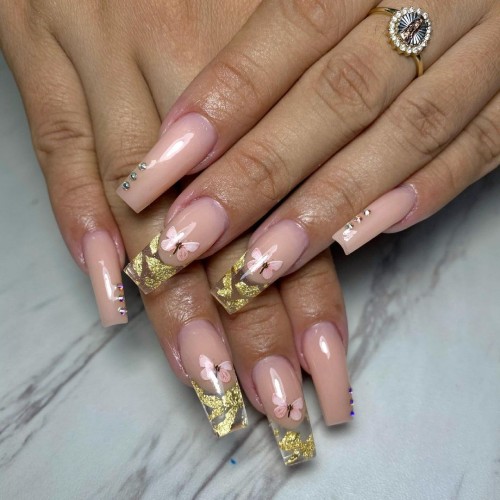 17+ Clear Nails For Any Season : Beige Nails with Flowers Inside Clear Tips 