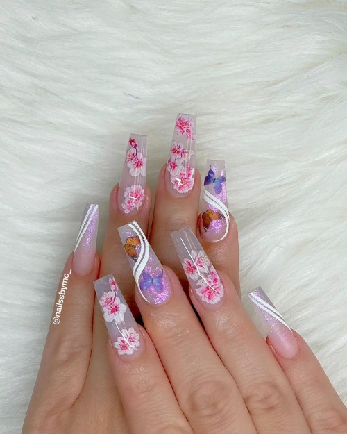 Coffin Clear Nails with Butterflies and Flowers Inside