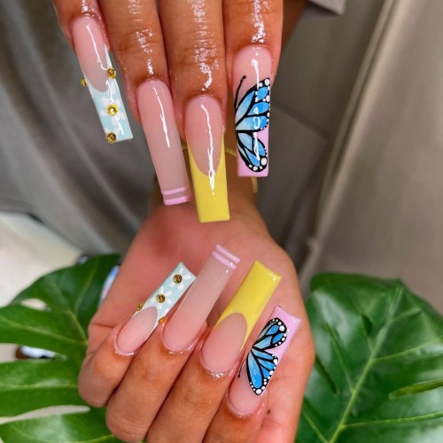 butterfly nails, french coffin nails, long coffin nails, pink ombre nails, nails with butterflies coffin,  butterfly nails designs, butterfly nailspink, butterfly nails design, mismatched nails designs, mix and match coffin nail art designs