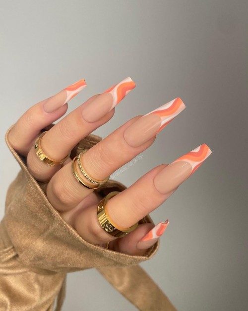 17+ Colored French Tip Nails 2021 : Orange Swirl Tip Nails