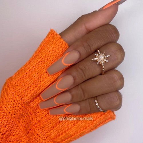 neon french outline nails, funky summer nails, summer nail ideas 2021, summer nails 2021 coffin, tropical nails, summer nails 2021, summer french mani, summer french tip nails