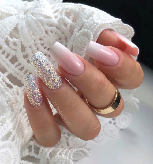 Mismatched Glitter & Ombre Pink Wedding Nails