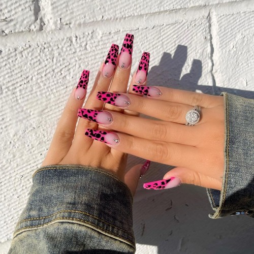 23+ Stylish Ways To Wear A Modern French Manicure 2021 : Pink Leopard French Tips