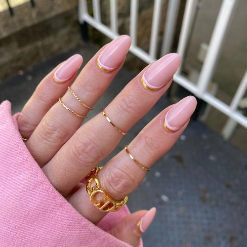 22+ Classy Way To Rock Nude Nails : Nude Nails with Gold and Pink Cuff