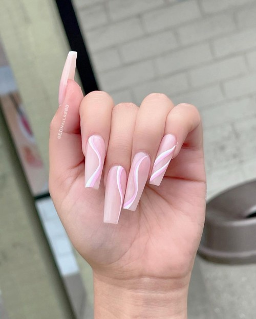 29+ The Best Neutral Nails : White Swirl Light Pink Nails