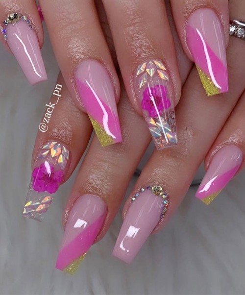 16 Cute Nail Designs for Summer : Glitter, Pink Asymmetric Clear Nails